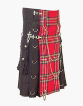 HYBRID KILT IN BLACK GOTHIC DESIGN WITH ROYAL STEWART APRON - Scottish Kilt Jacket™ USA-UK